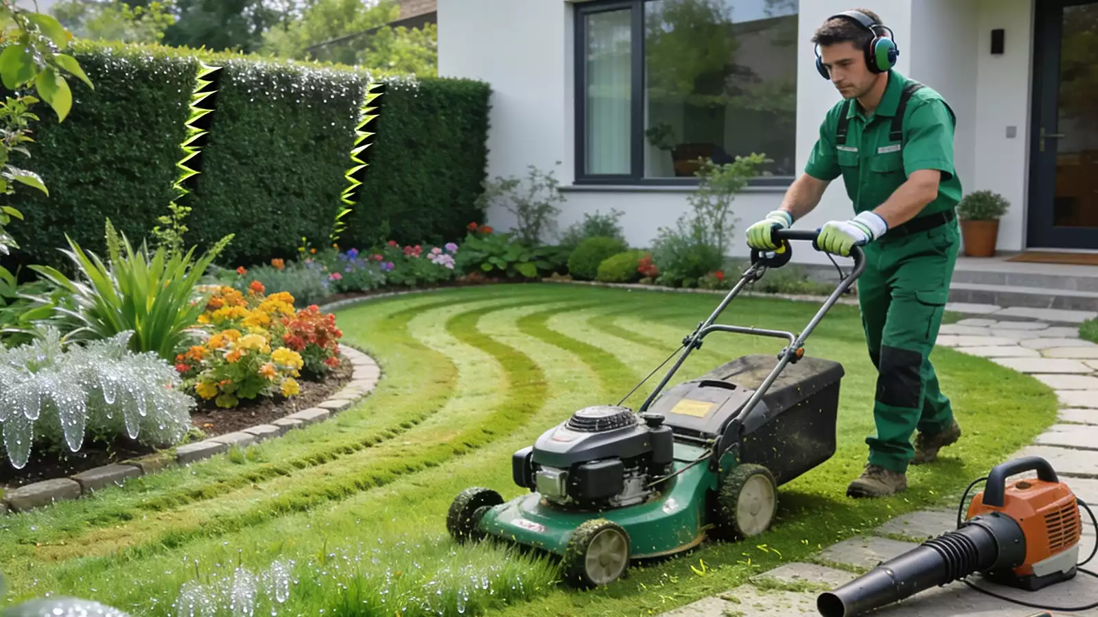 Fachkraft bei der Pflege von Grünflächen und Gartenanlagen an einer Immobilie